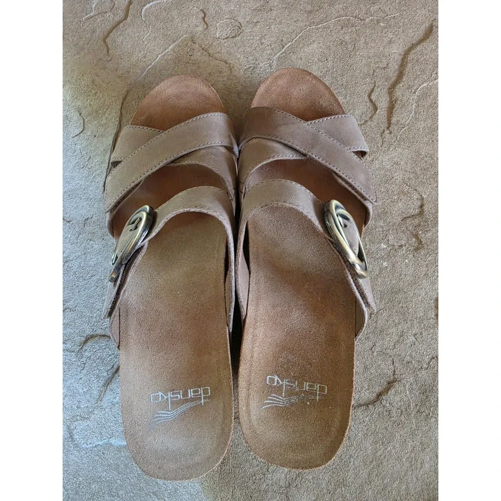 Dansko Susie Sandals Taupe Milled Nubuck Leather Wedge Cork Sz 40/US‎ 9.5-10